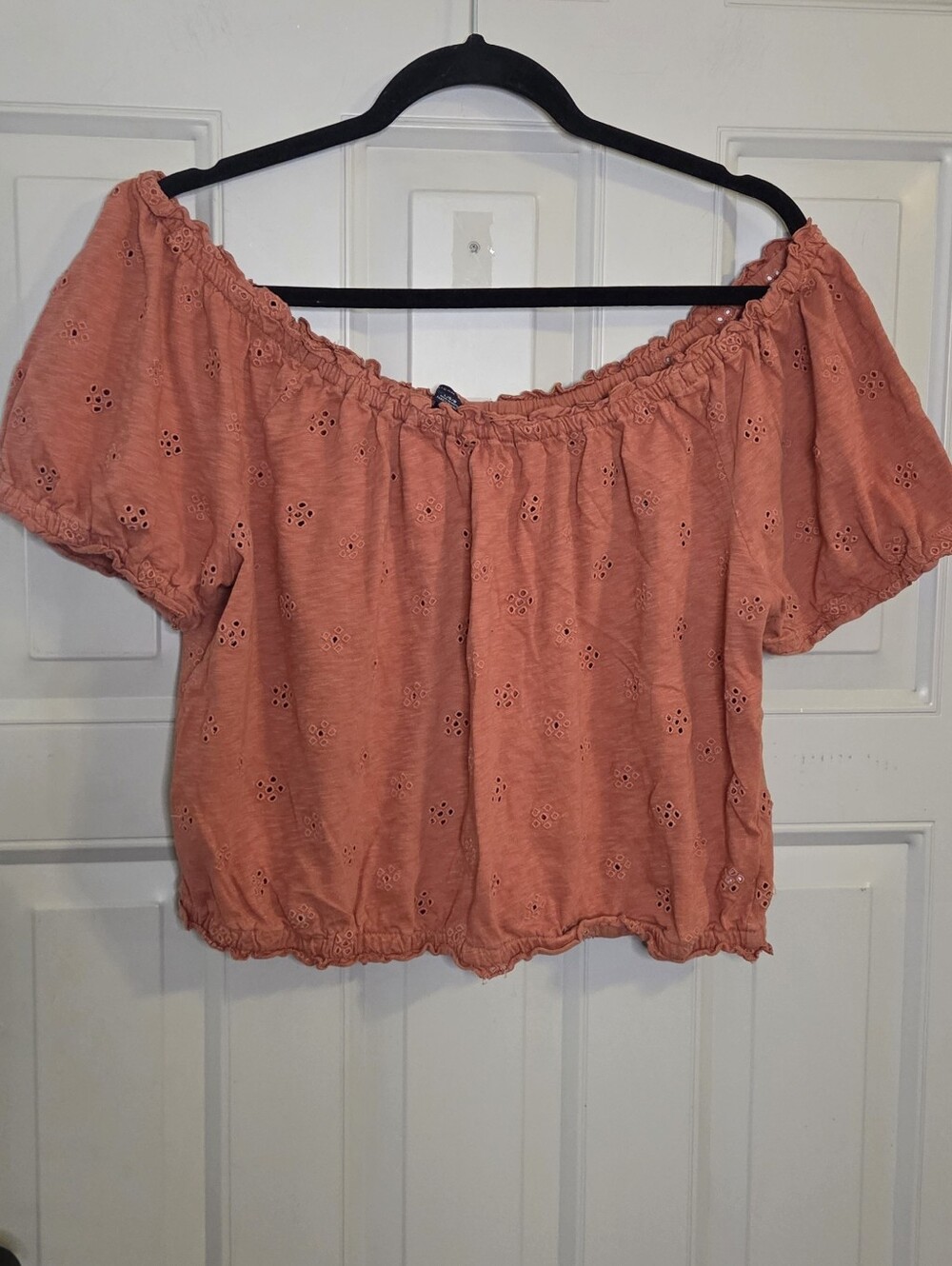 American Eagle Outfitters - Coral Eyelet On- Or Off-Shoulder Crop Top